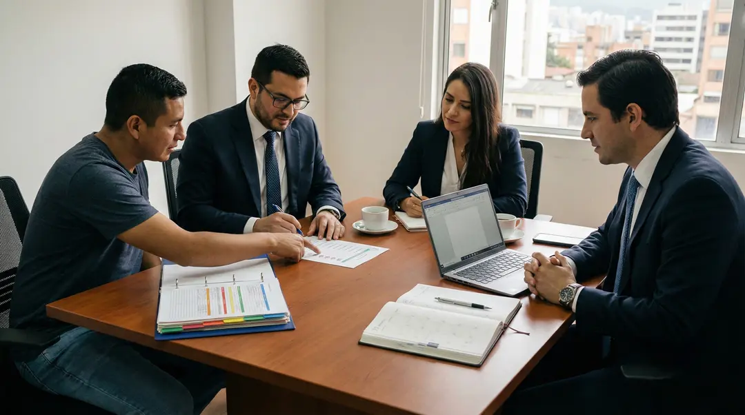 Trabajador recibe asesoría en reunión con abogados para resolver un caso, servicio de abogado laboral para trabajadores