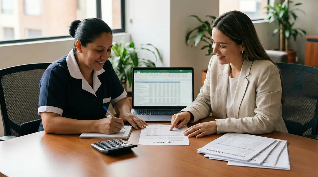 Trabajadora recibe asesoría para revisar su liquidación y documentos, con apoyo de abogado laboral para trabajadores