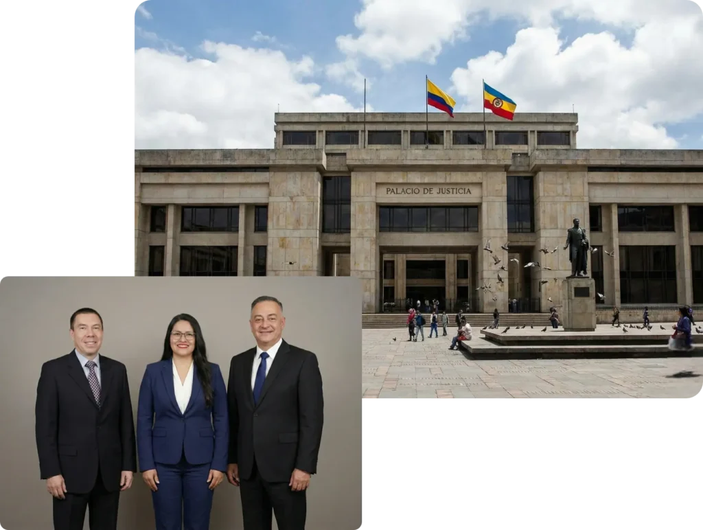 Equipo jurídico frente a fondo institucional del Palacio de Justicia, imagen para historia de abogados laborales