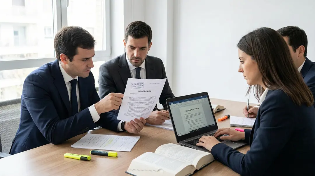 Equipo analiza documentos y prepara estrategia legal en reunión, como parte de Servicios de derecho laboral para empleadores