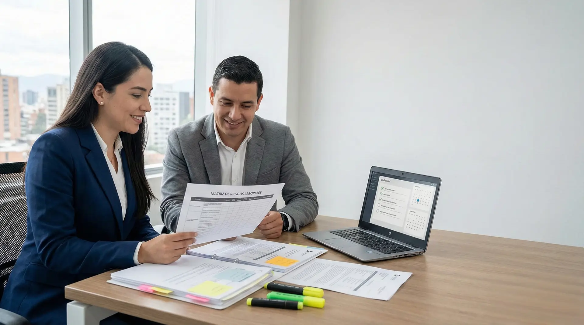 Asesores revisan matriz de riesgos laborales y documentación de cumplimiento, como parte de Servicios de derecho laboral para empleadores
