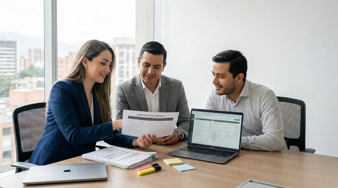 Equipo revisa matriz de riesgos laborales y un dashboard de control, como parte de Servicios de derecho laboral para empleadores
