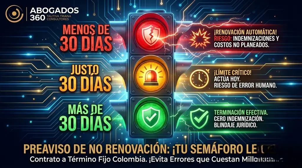 Contrato de trabajo a término fijo: semáforo del preaviso de no renovación en Colombia (menos de 30 días, 30 días, más de 30 días) y sus riesgos.