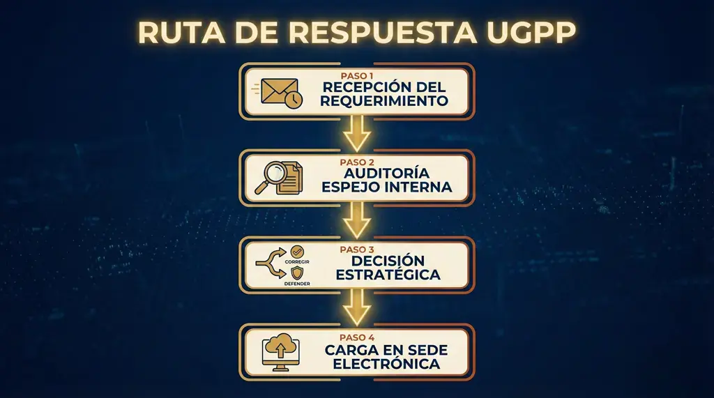 Ruta de respuesta UGPP: recepción del requerimiento, auditoría espejo interna, decisión estratégica y carga en sede electrónica.