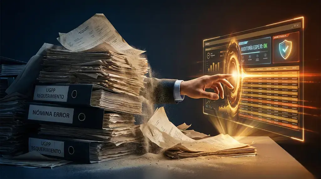 UGPP: auditoría espejo para responder un requerimiento, comparando nómina y aportes con un tablero de verificación digital.