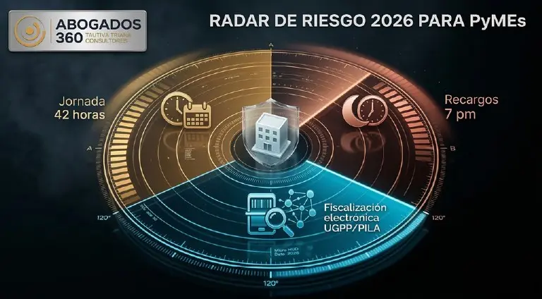 Radar de riesgo 2026 para PyMEs: jornada de 42 horas, recargos desde las 7 p. m. y fiscalización electrónica UGPP/PILA; apoyo de abogados para empresas.