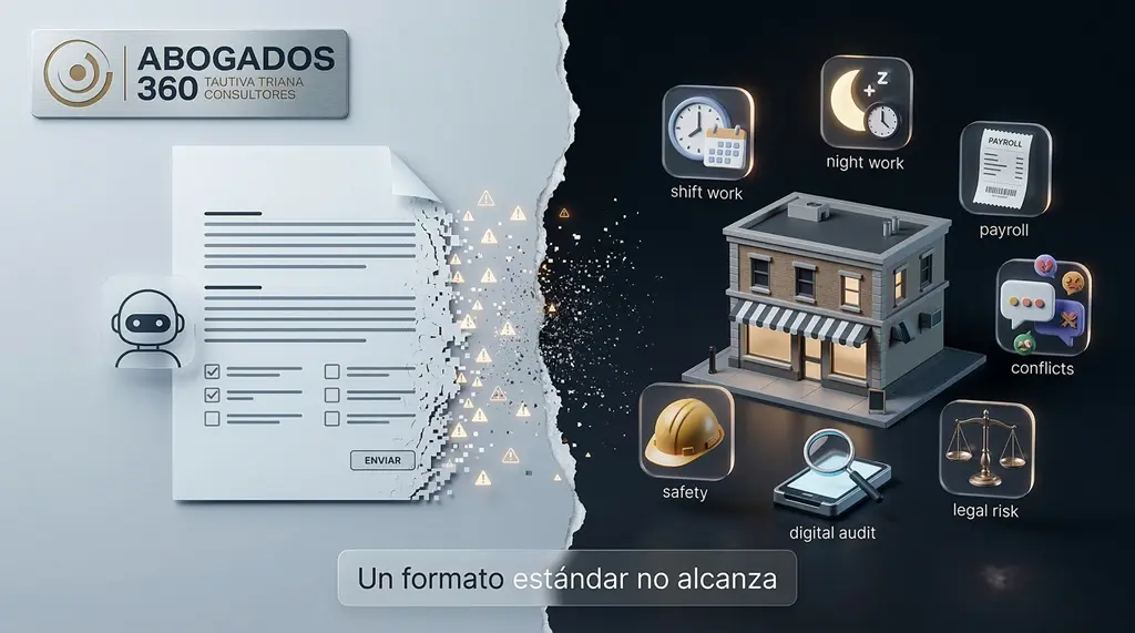 Asesoría legal para pymes: un formato estándar no alcanza; turnos, trabajo nocturno, nómina y auditoría digital elevan el riesgo legal en Colombia.