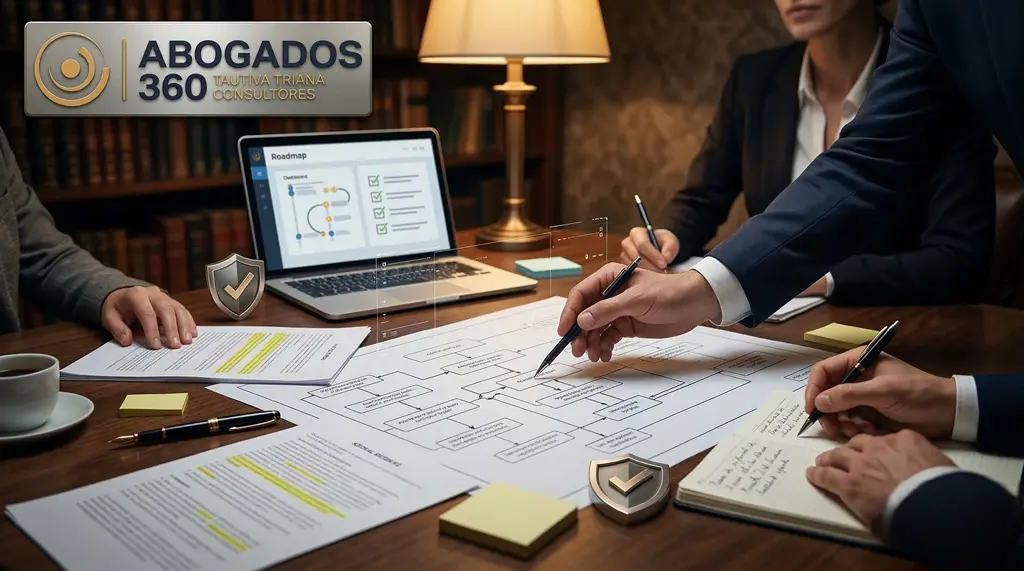 Asesoría legal para pymes: equipo jurídico diseñando una hoja de ruta preventiva personalizada con documentos, checklist y plan de acción.