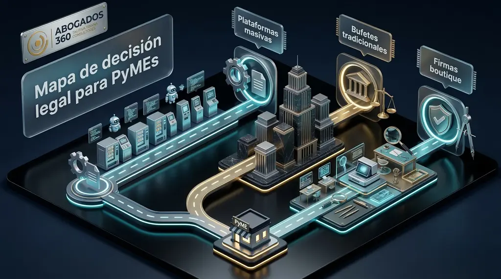 Asesoría legal para pymes: mapa de decisión que compara plataformas masivas, bufetes tradicionales y firmas boutique especializadas en Colombia.