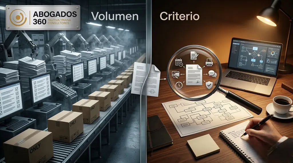 Asesoría legal para pymes: comparación entre volumen y criterio, mostrando plataformas masivas frente a un análisis legal personalizado y preventivo.