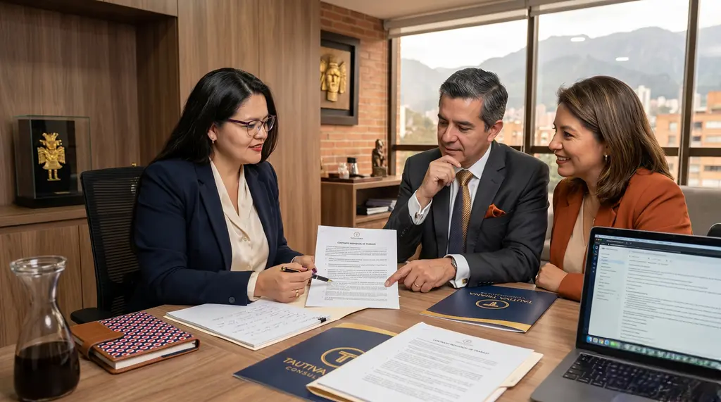 Asesoría en derecho laboral de empresas con abogados revisando contratos laborales y documentos de cumplimiento para Pymes en Colombia.