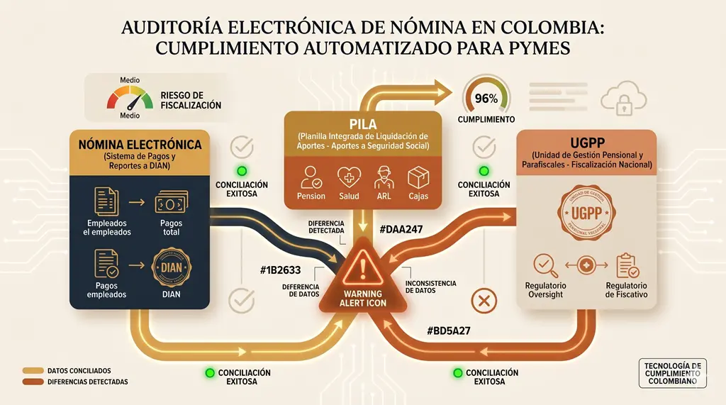 Auditoría electrónica de nómina en Colombia para derecho laboral de empresas, con cruce de datos entre Nómina Electrónica, PILA y UGPP para detectar inconsistencias.